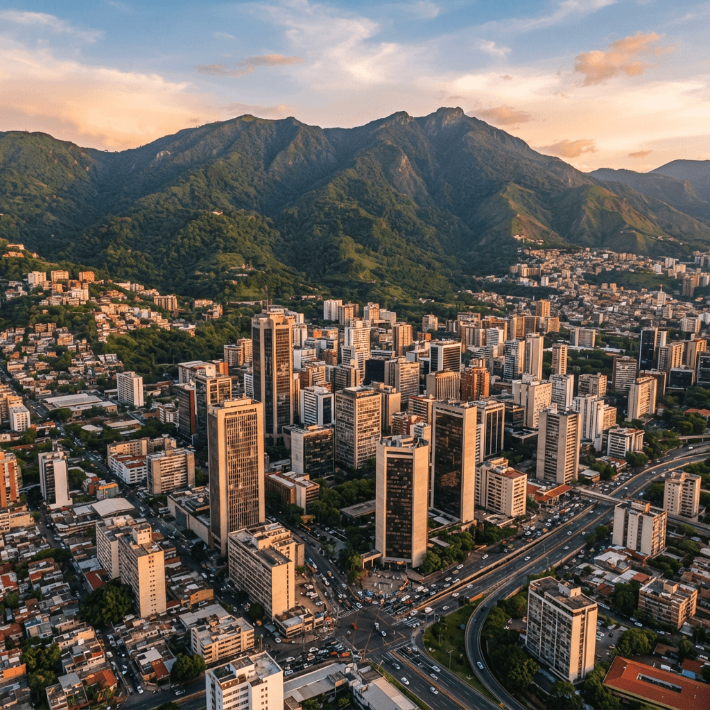 Vista aérea de Caracas al atardecer con rascacielos y el cerro El Ávila al fondo
